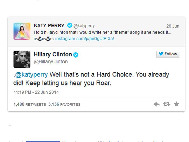 Katy Perry tifa Hillary e twitta: “Vorrei scrivere la canzone per la campagna presidenziale”