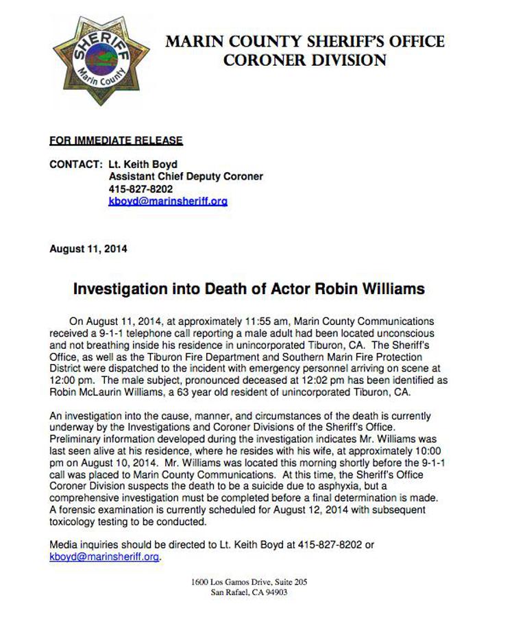 Robin Williams, il documento della polizia californiana che dichiara la morte