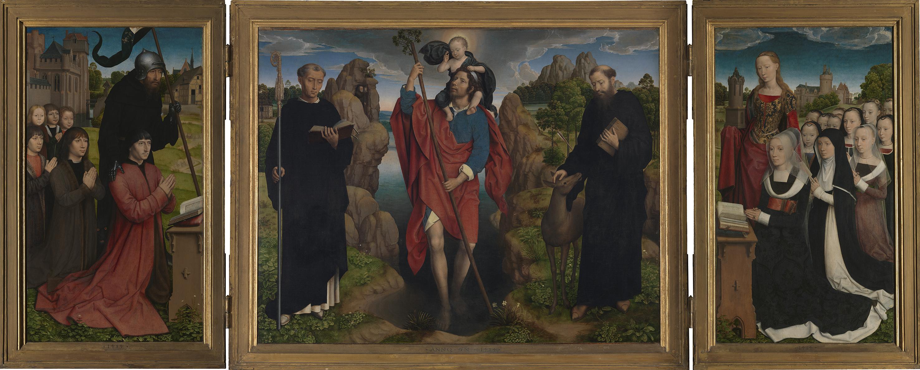 Hans Memling, Trittico Moreel I santi Cristoforo, Egidio e Mauro (recto) San Giovanni Battista e San Giorgio (verso). Datato 1484. Olio su tavola