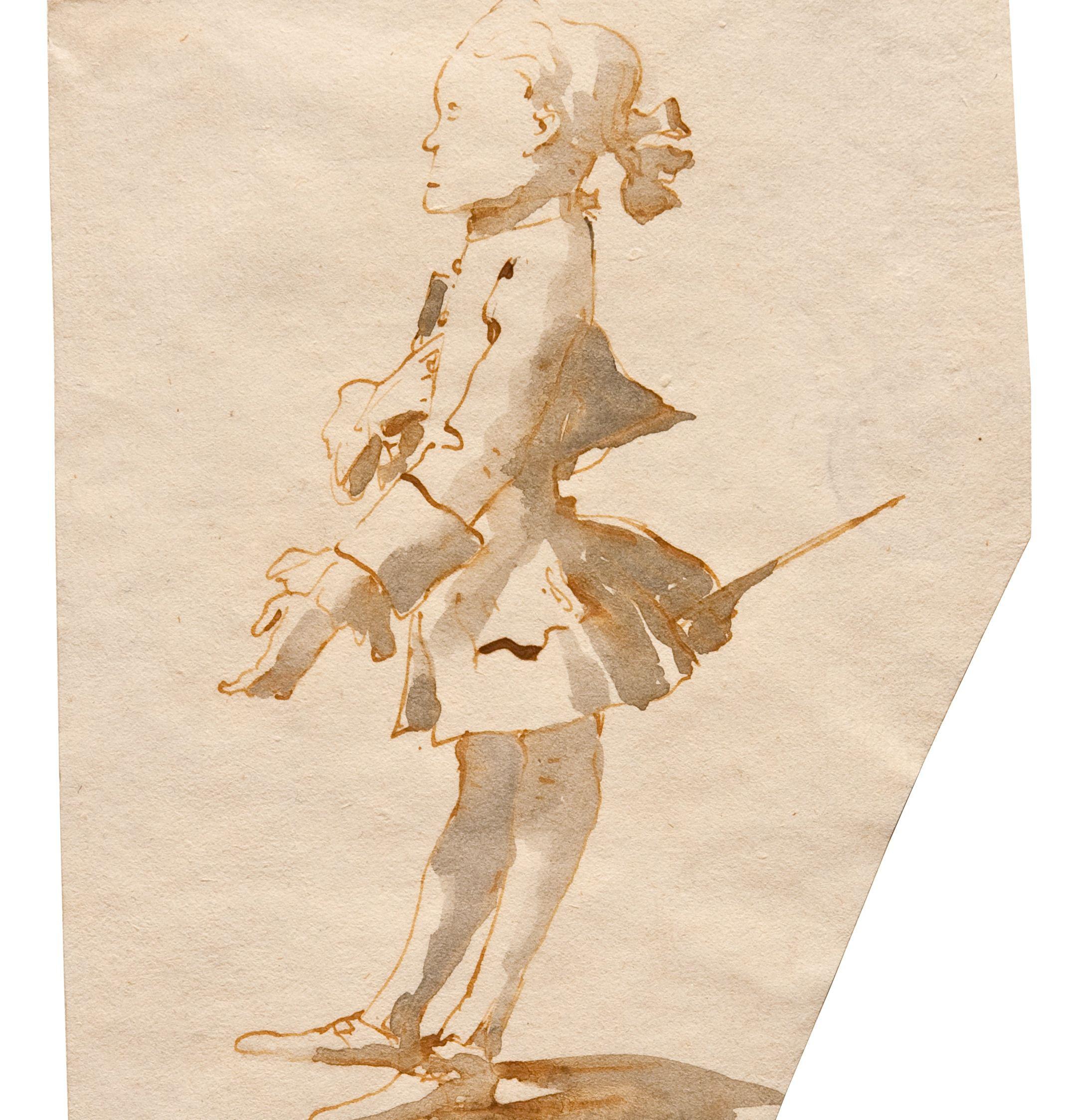 Caricatura di gentiluomo con tricorno sotto il braccio e spadino, penna e inchiostro bruno, inchiostro diluito bruno, mm 199x137, Trieste, Civico Museo Sartorio