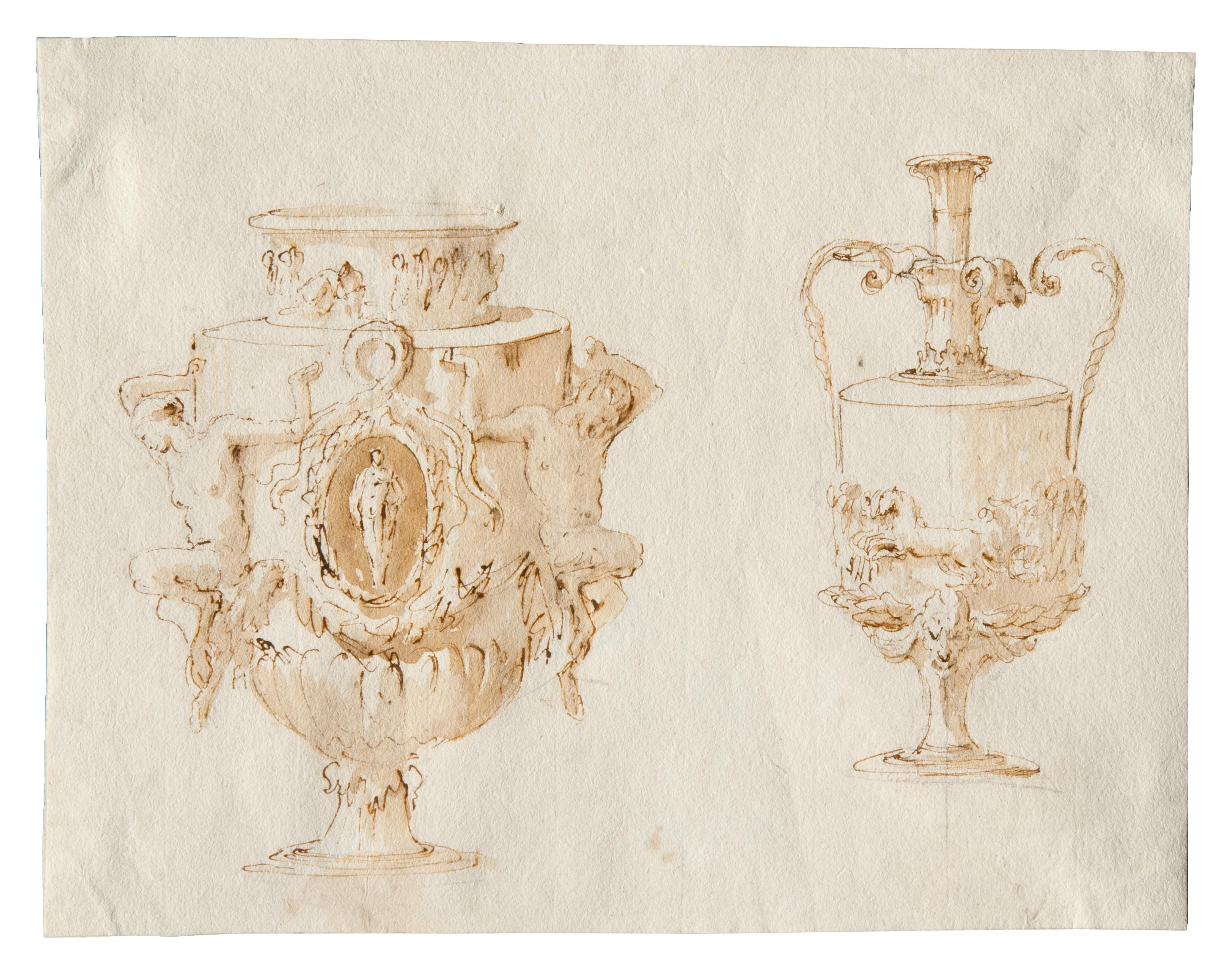 Vasi, penna e inchiostro bruno, inchiostro diluito bruno, su traccia di grafite, mm 189x240, Trieste, Civico Museo Sartorio