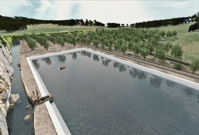 Ricostruzione grafica dell'azienda agricola con la grande vasca (foto a cura della Cooperativa Archeologia, ricostruzioni a cura di Emanuel Demetrescu e Daniele Ferdani)