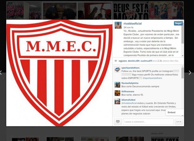 Calcio: Rivaldo cerca acquirenti per suo club su Instagram