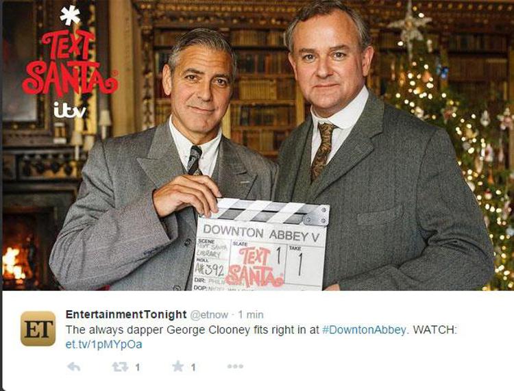 Uno dei post su twitter con la foto che ritrae Clooney accanto a Bonneville sul set di 'Downtown Abbey'