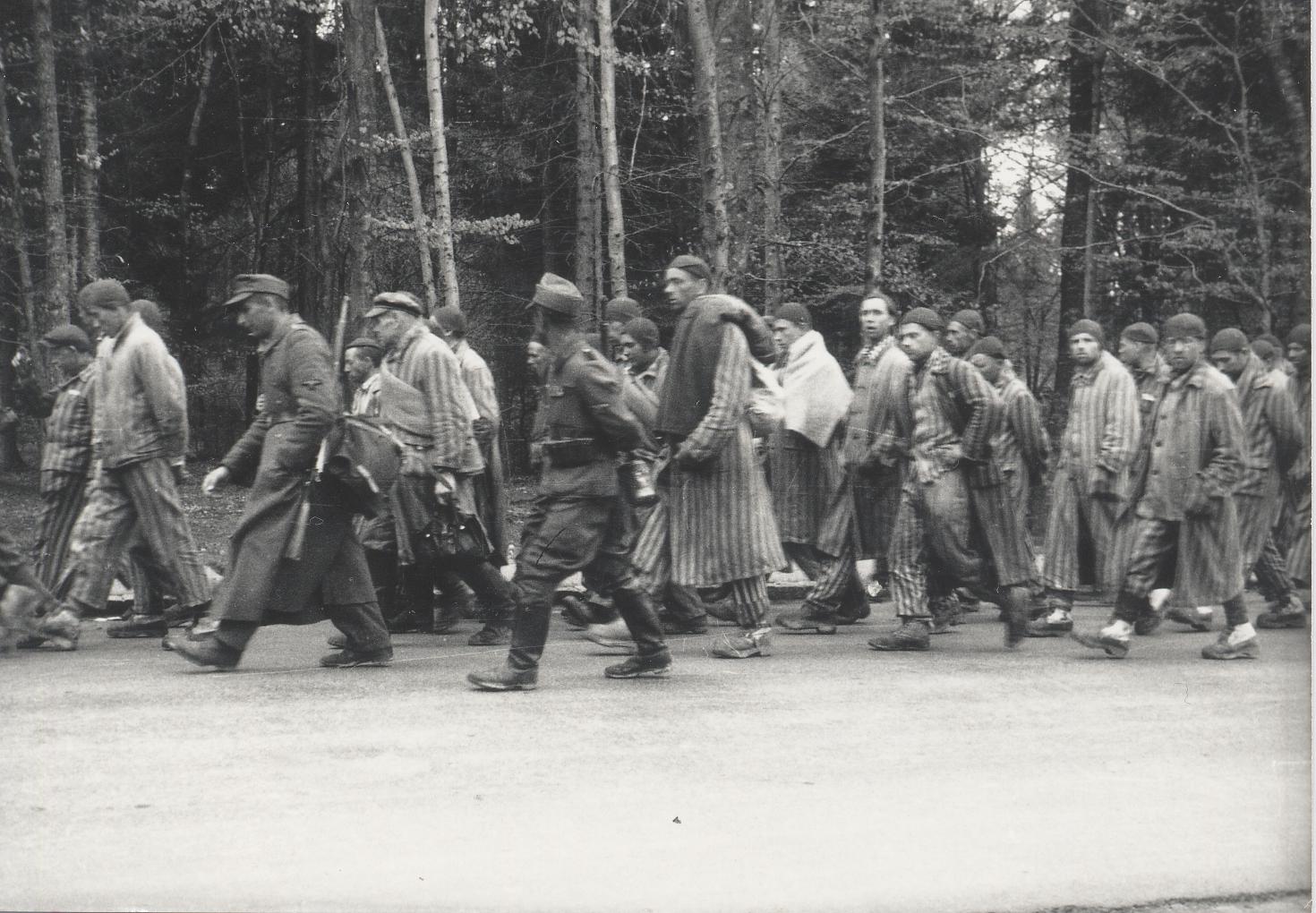 Grünwald, nei pressi di Monaco, 29 aprile 1945. Prigionieri durante una marcia di evacuazione proveniente dal campo di Dachau fotografati clandestinamente da una casa