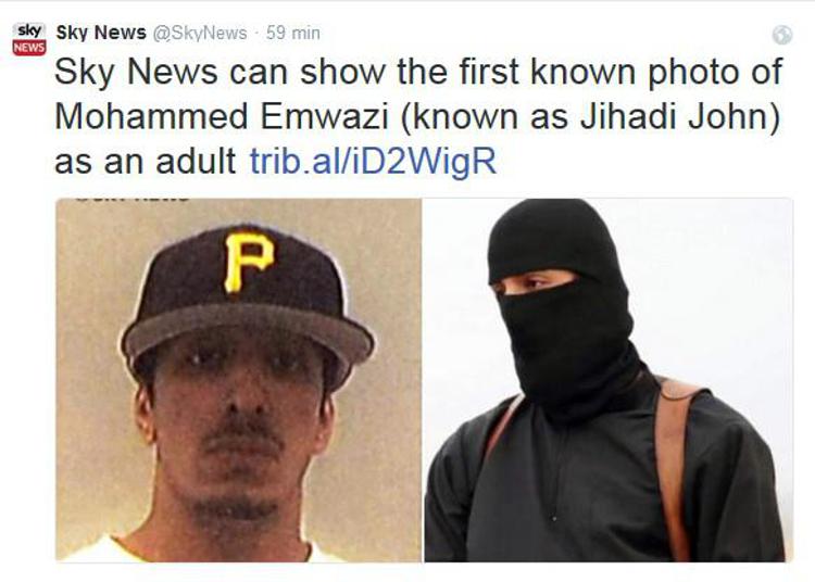 Sky news twitta la foto con il volto di 'Jihadi John'
