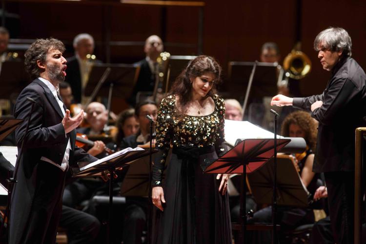 Jonas Kaufmann, Anja Harteros e Antonia Pappano in un momento dell''Aida' di Verdi all'Accademia di Santa Cecilia (foto Musacchio & Ianniello)