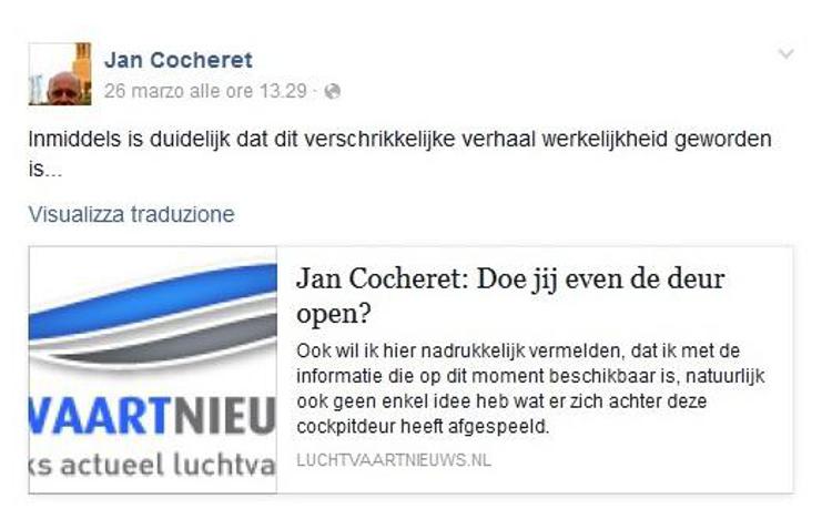 Il post del pilota olandese sul suo profilo Facebook dopo la tragedia del volo Germanwings  
