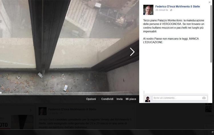 Camera: foto denuncia M5S su Fb, mozziconi a pacchetti vuoti a terra