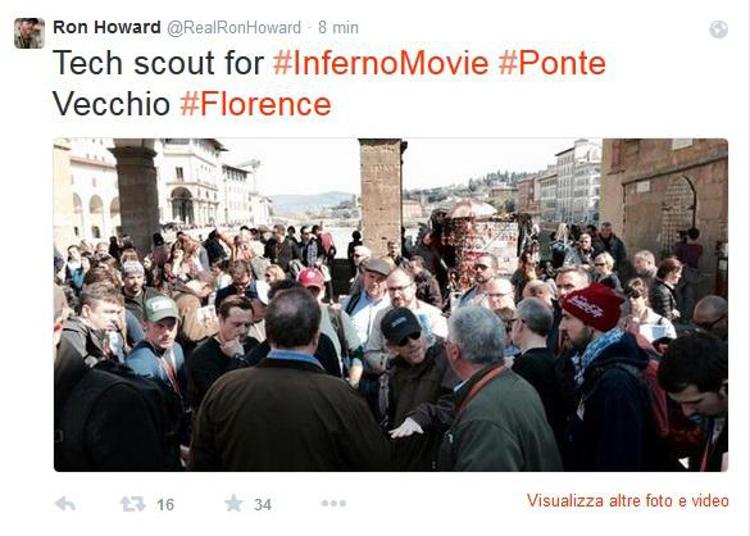 Cinema: Firenze, Ron Howard sul Ponte Vecchio per 'Inferno'