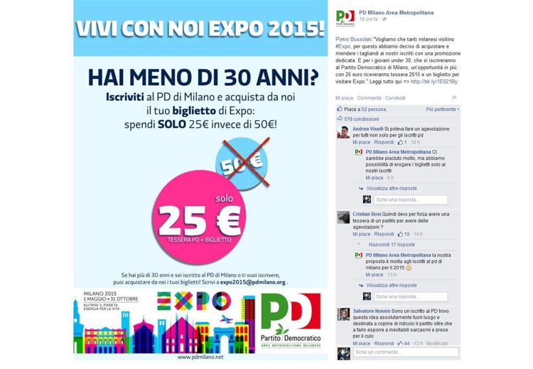 L'offerta per gli 'under 30' pubblicata sulla pagina Facebook del Pd Milano Area Metropolitana