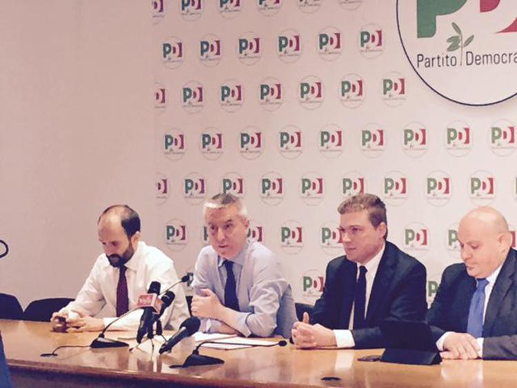 Matteo Orfini, Lorenzo Guerini, Andrea De Maria e Nico Stumpo in conferenza stampa(Foto Adnkronos)