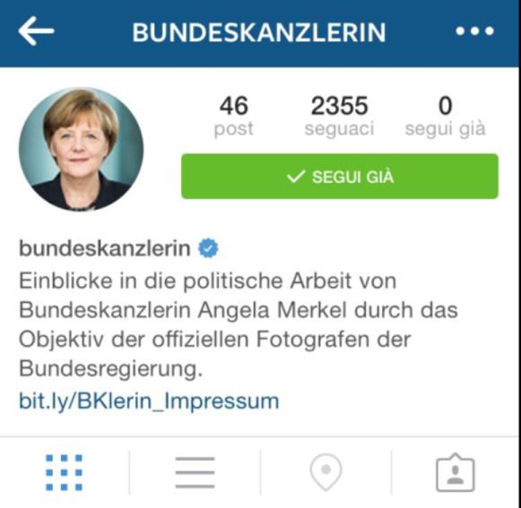 Il profilo Instagram della cancelliera tedesca Angela Merkel