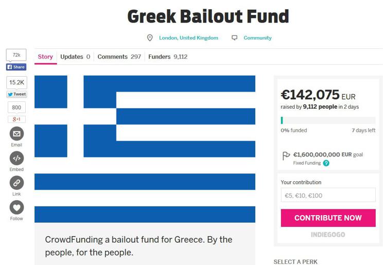 La pagina di Indiegogo dedicata al 'Fondo di salvataggio per la Grecia'