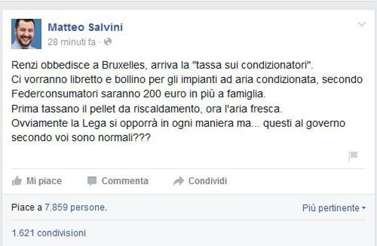 Il post di Matteo Salvini contro la presunta tassa sui condizionatori (Facebook)