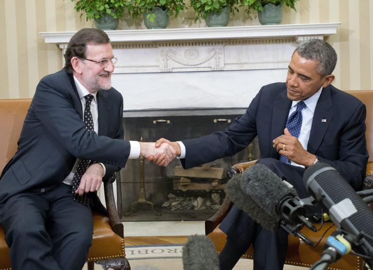 Il premier spagnolo, Mariano Rajoy, ed il presidente americano, Barack Obama, alla Casa Bianca nel gennaio del 2014 (Foto Infophoto)