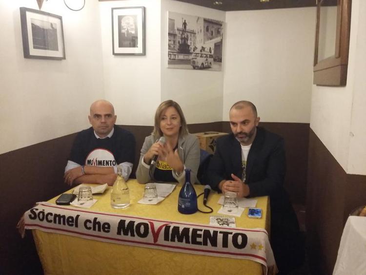  - Massimo Baroni, Roberta Rombardi, Massimo Bugani in conferenza stampa a Bologna. 