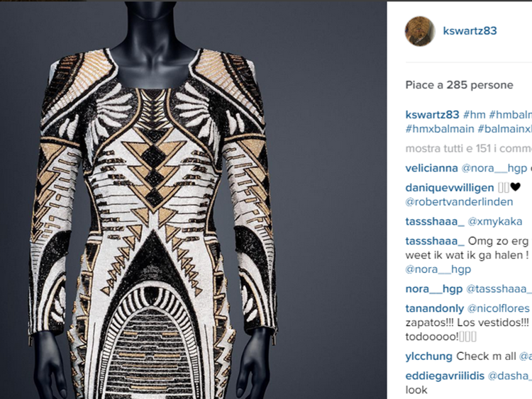 Uno dei capi di Balmain per H&M postate in anteprima su Instagram  (Immagine dall'account di Kathryn Swarts Rees)