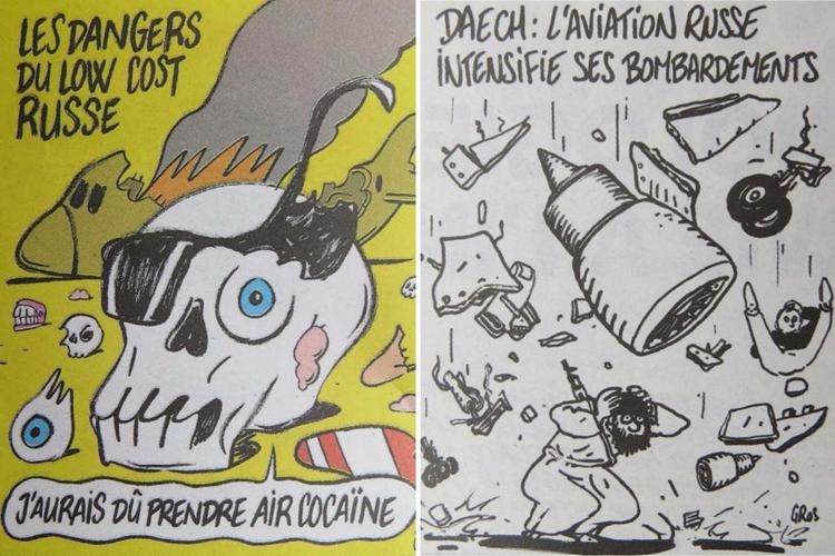 Le due vignette di 'Charlie Hebdo' finite sotto accusa e pubblicate su Twitter da Yury Barmin