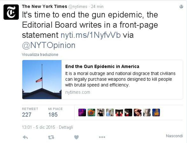 Usa: editoriale Nyt in prima pagina, fermiamo l'epidemia delle armi