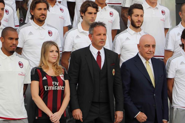 Il tecnico del Milan, Sinisa MIhajlovic durante la presentazione squadra ad inizio stagione con Barbara Berlusconi e Adriano Galliani  - FOTOGRAMMA