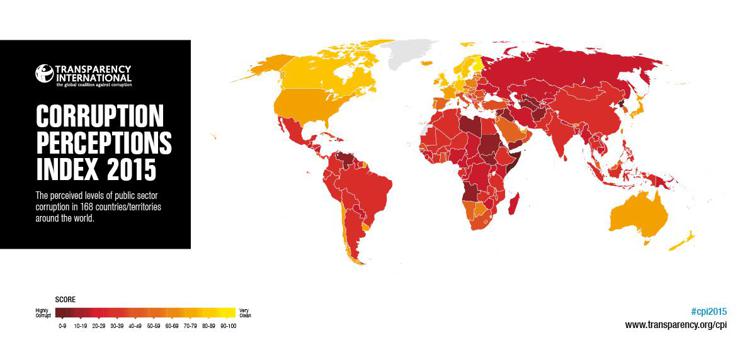 La mappa globale della corruzione: in rosso i paesi meno 'trasparenti' (CPI)