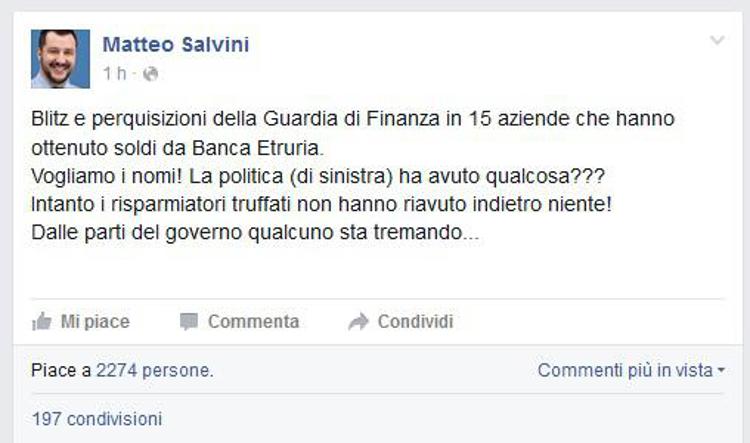 Il post di Matteo Salvini pubblicato anche su Facebook