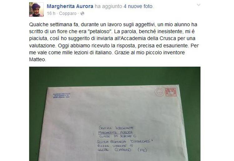 Il post su Facebook della maestra Margherita Aurora