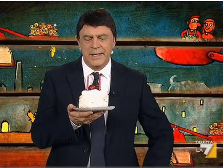 Maurizio Crozza nei panni del premier Matteo Renzi durante la copertina di 'Di Martedì' in onda su La7