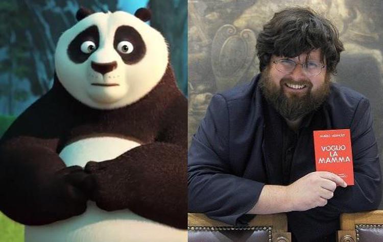 Po, il panda protagonista della serie 'Kung Fu Panda', e Mario Adinolfi, giornalista candidato a sindaco di Roma  per il Pdf e autore di 'Voglio la mamma' (credits: 20th Century Fox /Dreamworks /Youtube /Fotogramma) 