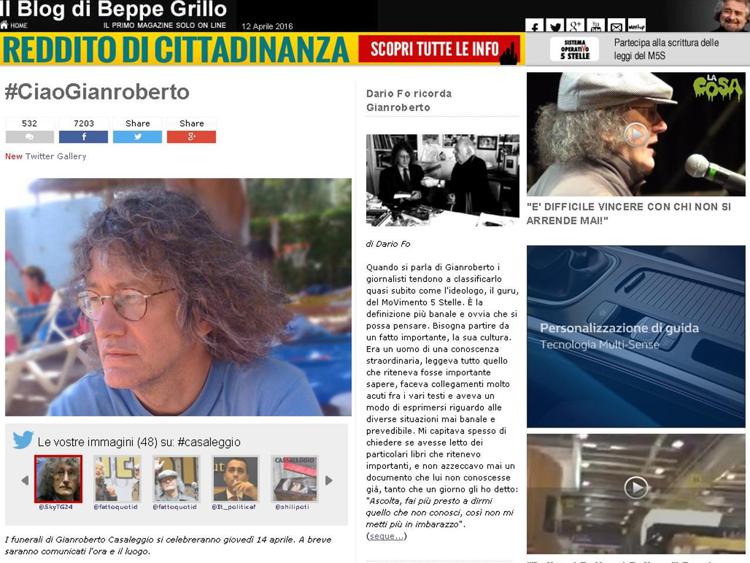 Il blog di Beppe Grillo, dove sono arrivati centinaia di commenti per ricordare Gianroberto Casaleggio