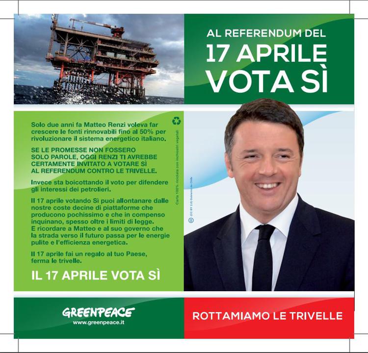 Referendum: 'Rottamiamo le trivelle', da Greenpeace volantino fake di Renzi