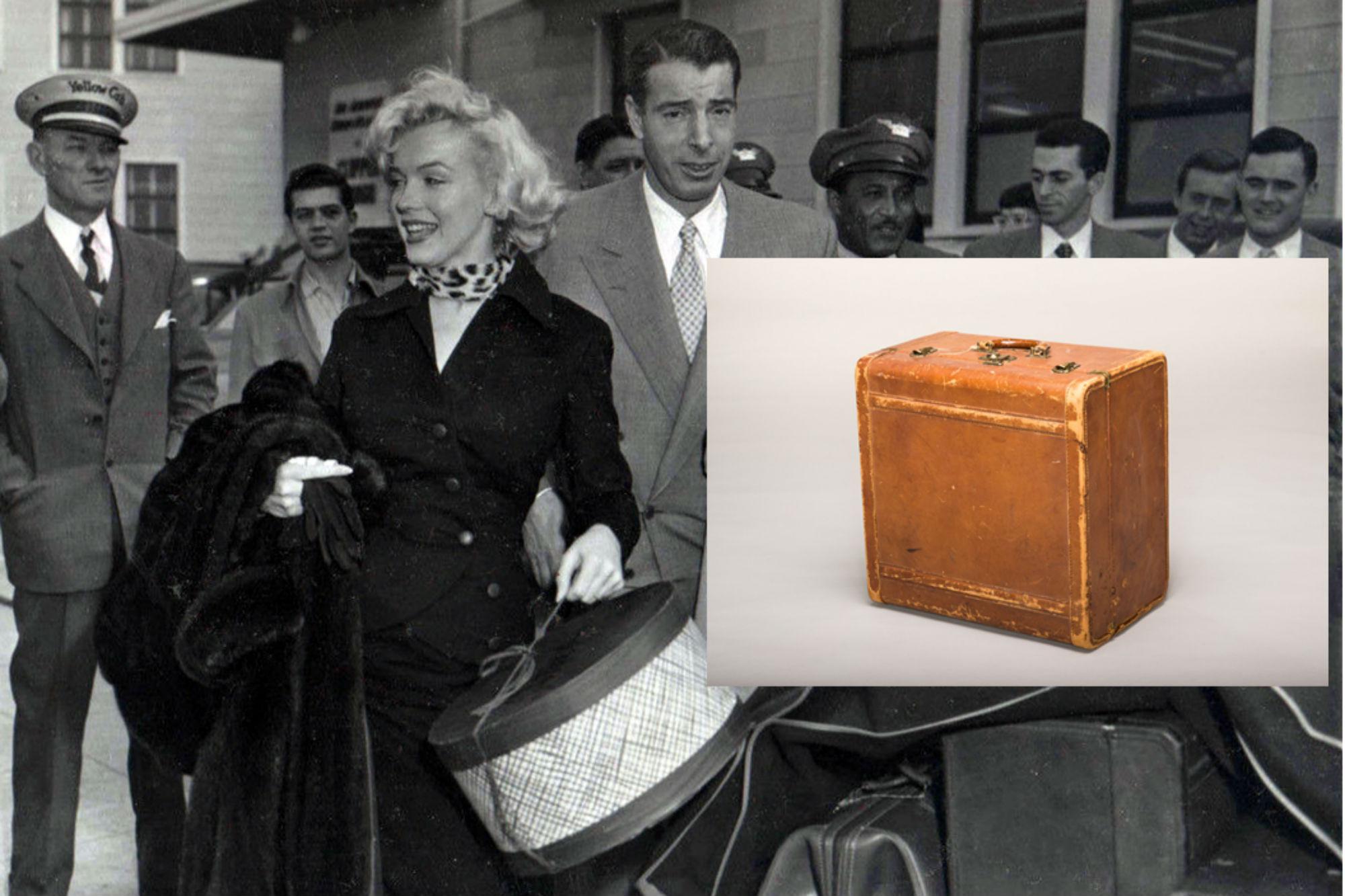 Una foto della stampa e il baule di Marilyn Monroe con le sue iniziali usato durante la luna di miele nel 1954 della collezione Stampfer (Foto Ted Stampfer)