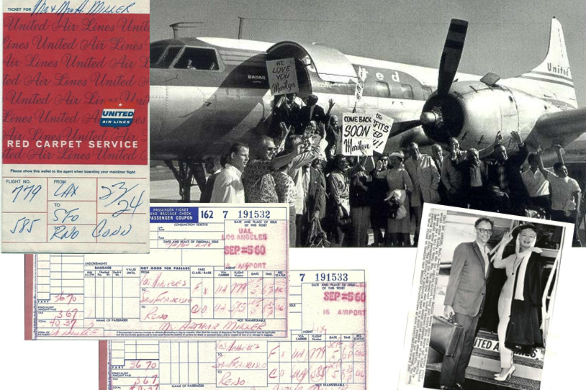 Foto d'archivio e i biglietti aerei di Marilyn Monroe e del marito Arthur Miller,1961 (Collection Stampfer, foto