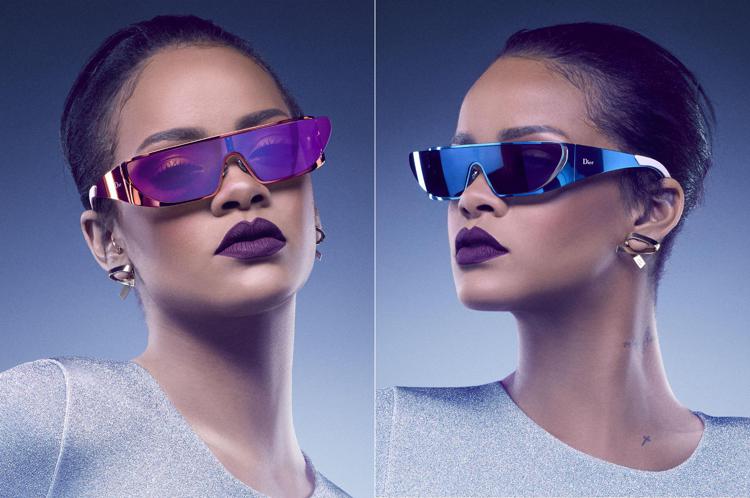 Due immagini della campagna pubblicitaria degli occhiali da Sole pensati da Rihanna per Dior