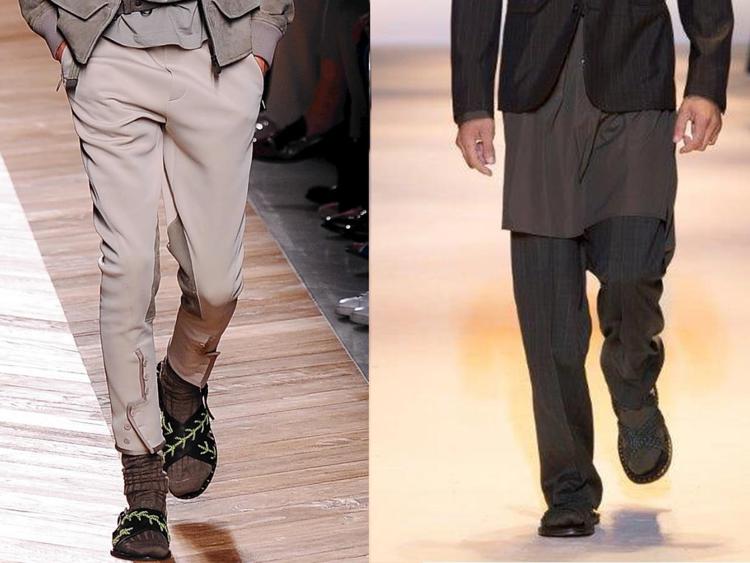 L'accoppiata sandalo-calzino rivisitata sulle passerelle per la primavera-estate 2016. Da sinistra Bottega Veneta (Fotogramma) e Versace