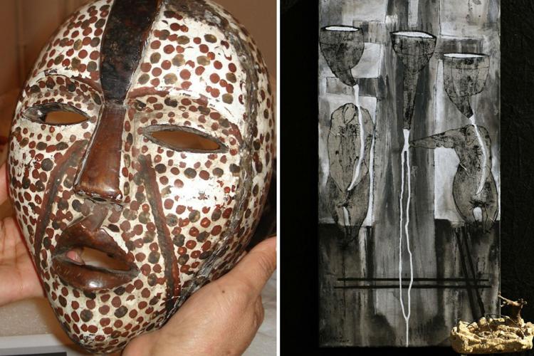 A sinistra maschera tribale (Collezione Moreno), a destra  'Crustumerium' di Serge Uberti 