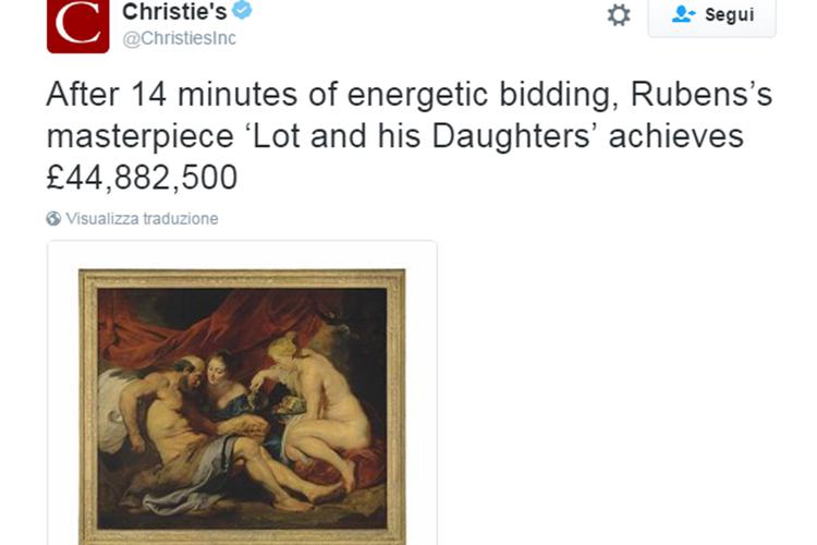 Rubens, stima raddoppiata per il capolavoro 'Lot e le figlie': venduto a oltre 52 milioni
