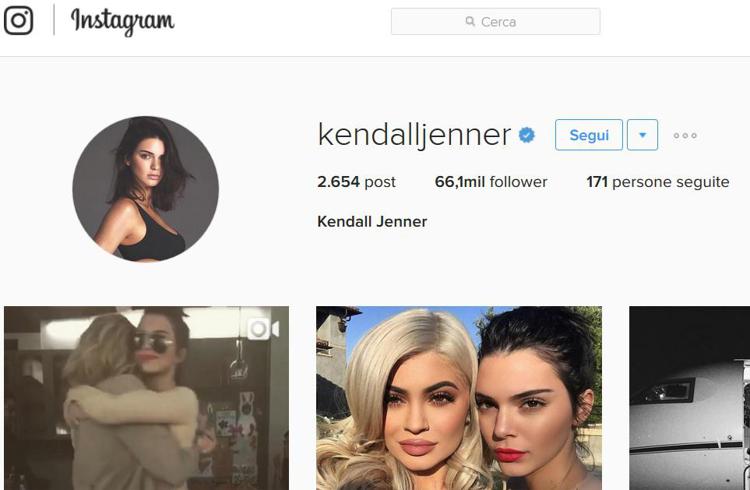 Il profilo Instagram di Kendall Jenner, che mostra 66,1 milioni di follower