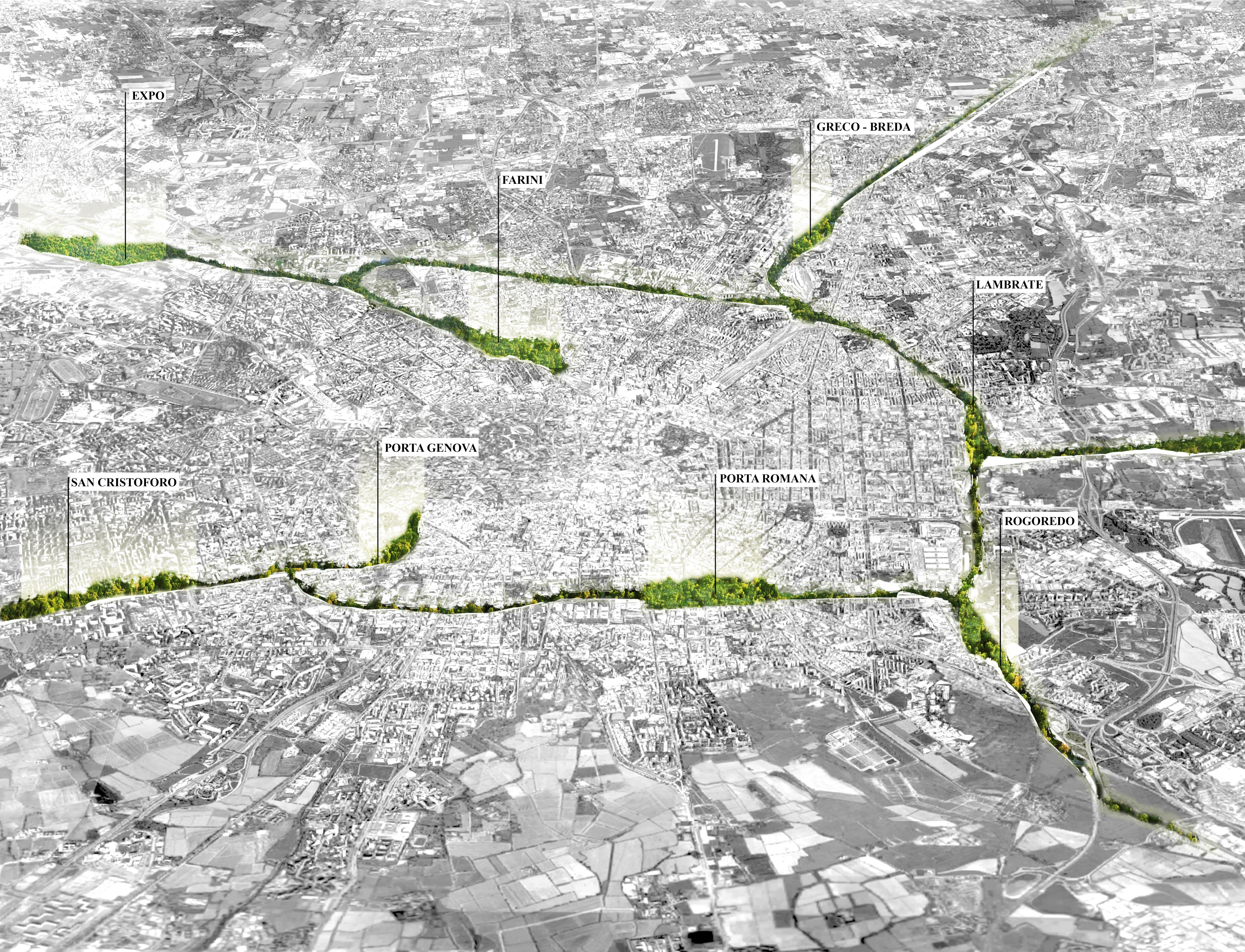 Immagine del progetto di un 'fiume verde' a Milano
