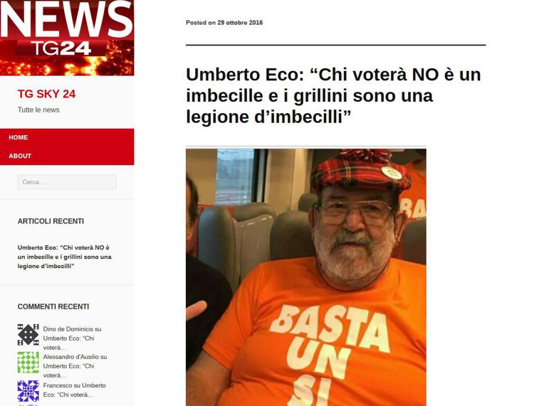 L'Umberto Eco fake, schierato per il sì al referendum, sul sito News Tg24