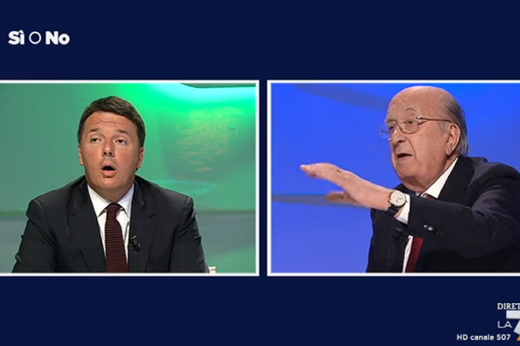 Matteo Renzi e Ciriaco De Mita nel confronto sul referendum da Mentana