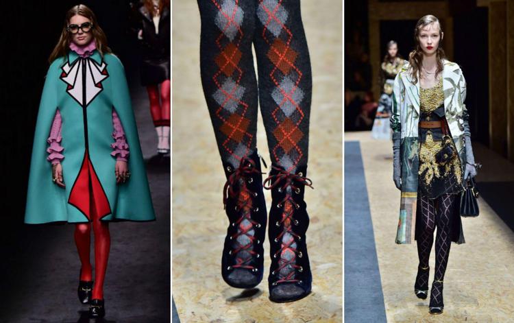 Le calze riportate in auge dagli stilisti per la fall/winter 2017. Da sinistra a destra Gucci e Prada (Afp)