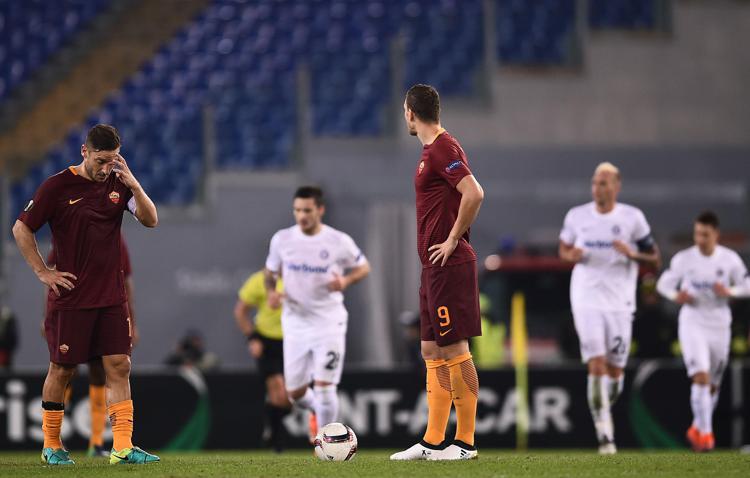 Gli attaccanti della Roma, Francesco Totti ed Edin Dzeko contro l'Austria Vienna - AFP