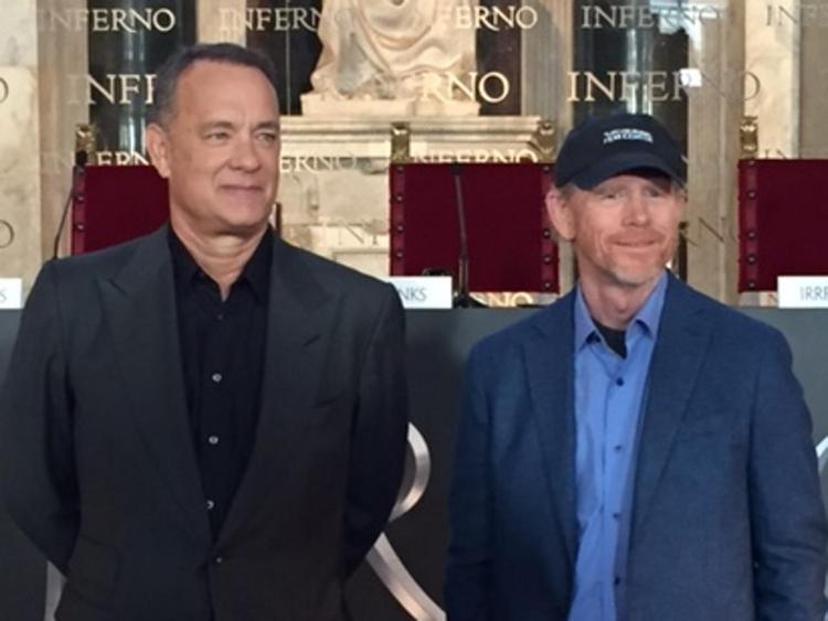 Tom Hanks e Ron Howard durante la conferenza stampa di 'Inferno' (Foto Adnkronos)