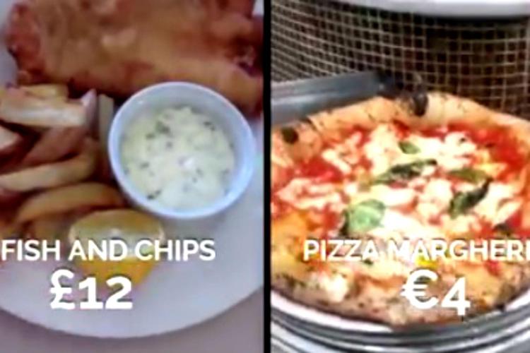 Nella foto il prezzo di Fish and Chips 'contro' la pizza napoletana