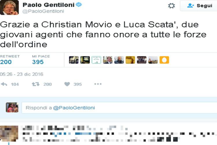 (post Twitter del premier Paolo Gentiloni)