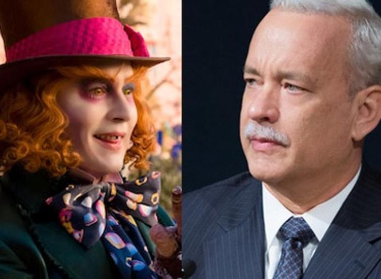 Nella foto Johnny Depp nei panni del Cappellaio Matto in 'Alice attraverso lo specchio' e Tom Hanks in 'Sully'