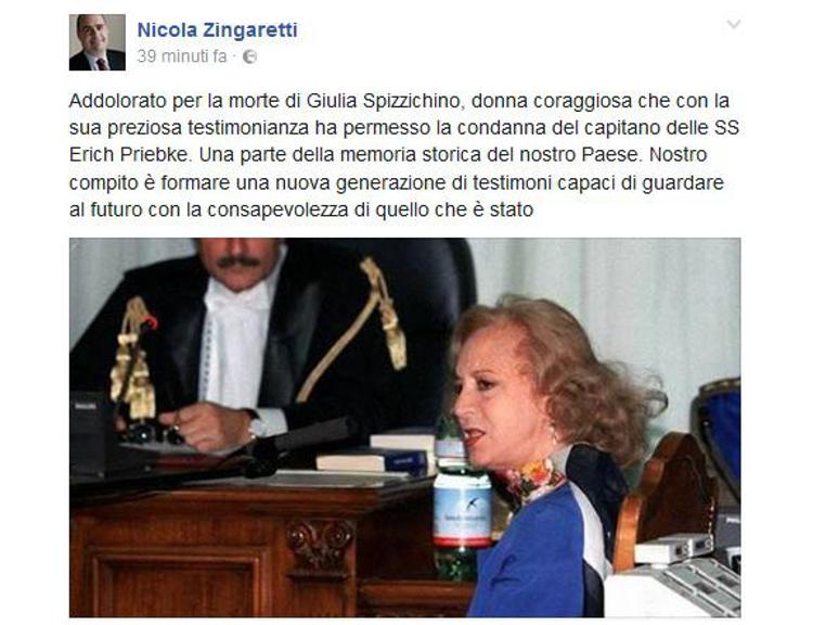 Il post del presidente della Regione Lazio Nicola Zingaretti (Facebook)