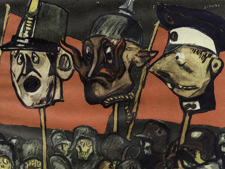 Particolare dell'immagine di copertina realizzata da Mario Sironi per 'Il quindicinale dei soldati del medio Piave' ovvero  'Il Montello' (n.3 del 15 ottobre 1918), con il titolo 'La sarabanda finale'